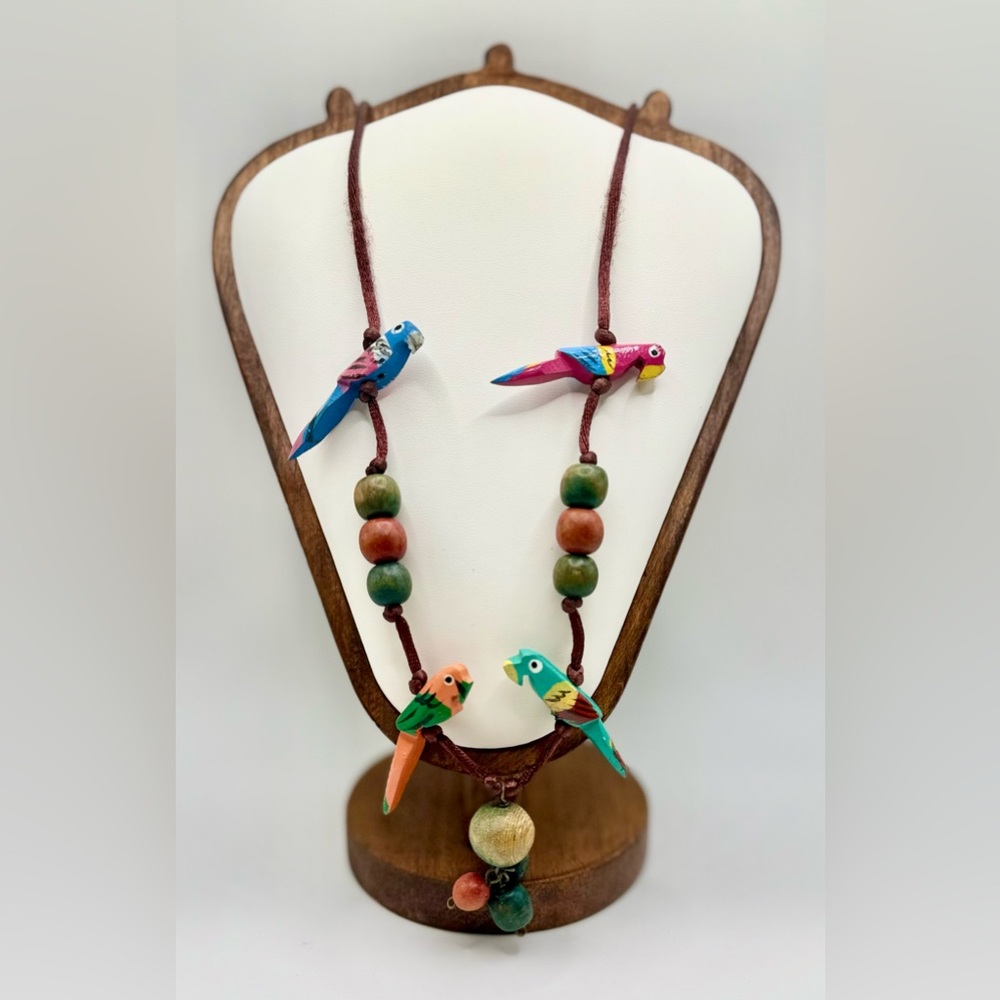 Vintage Hand Carved Colorful Parrot Beaded Necklace for Bird Lovers